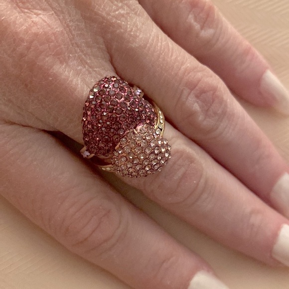 Unique double heart ring in plum and mauve pavé stones.  Gold plated finish. - Picture 2 of 4